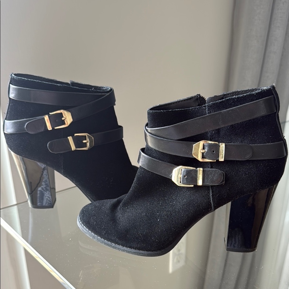 INC Jaydie Elegant Black Ankle Boots with Gold Buckles